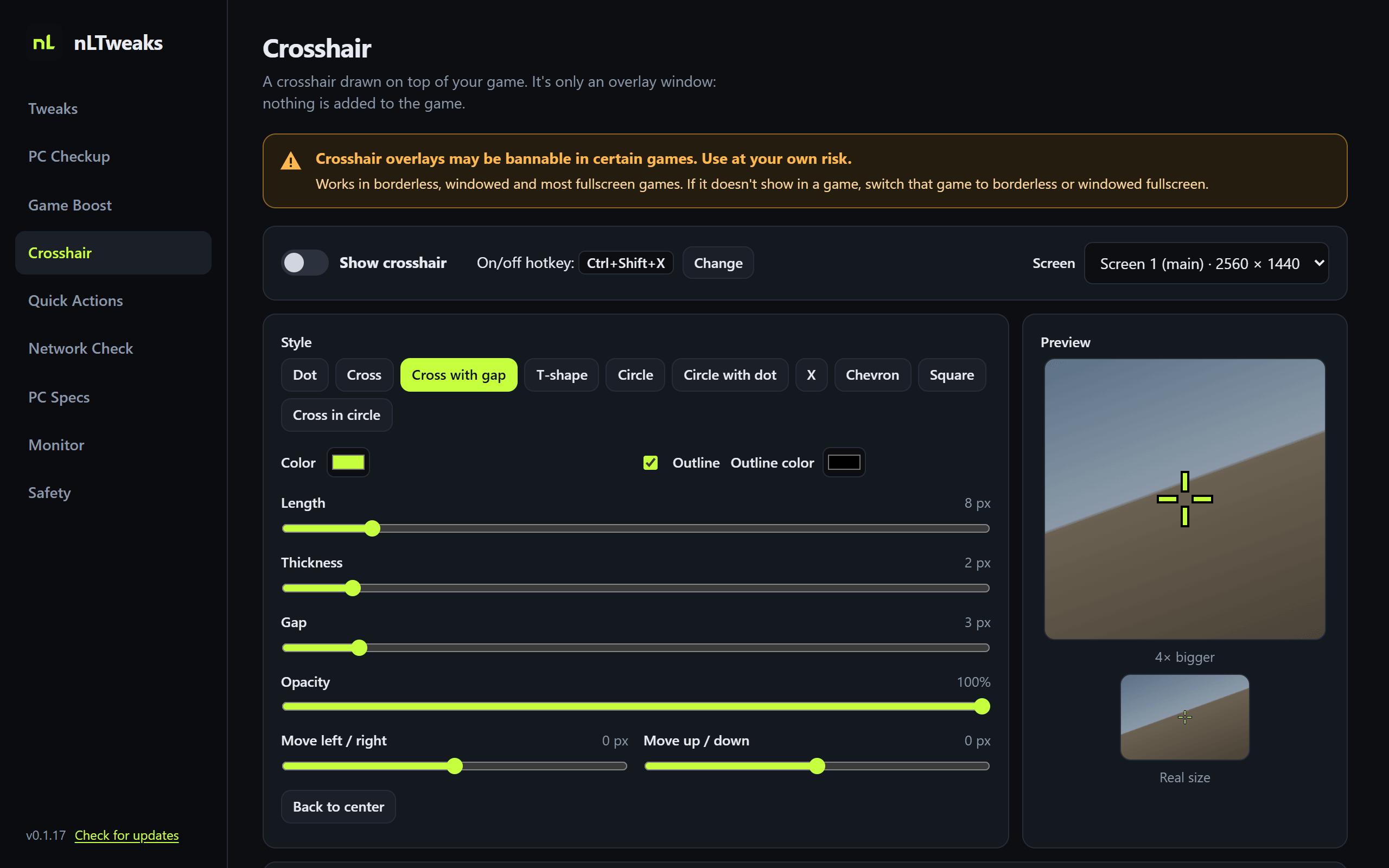 nLTweaks crosshair settings with an on-screen crosshair preview