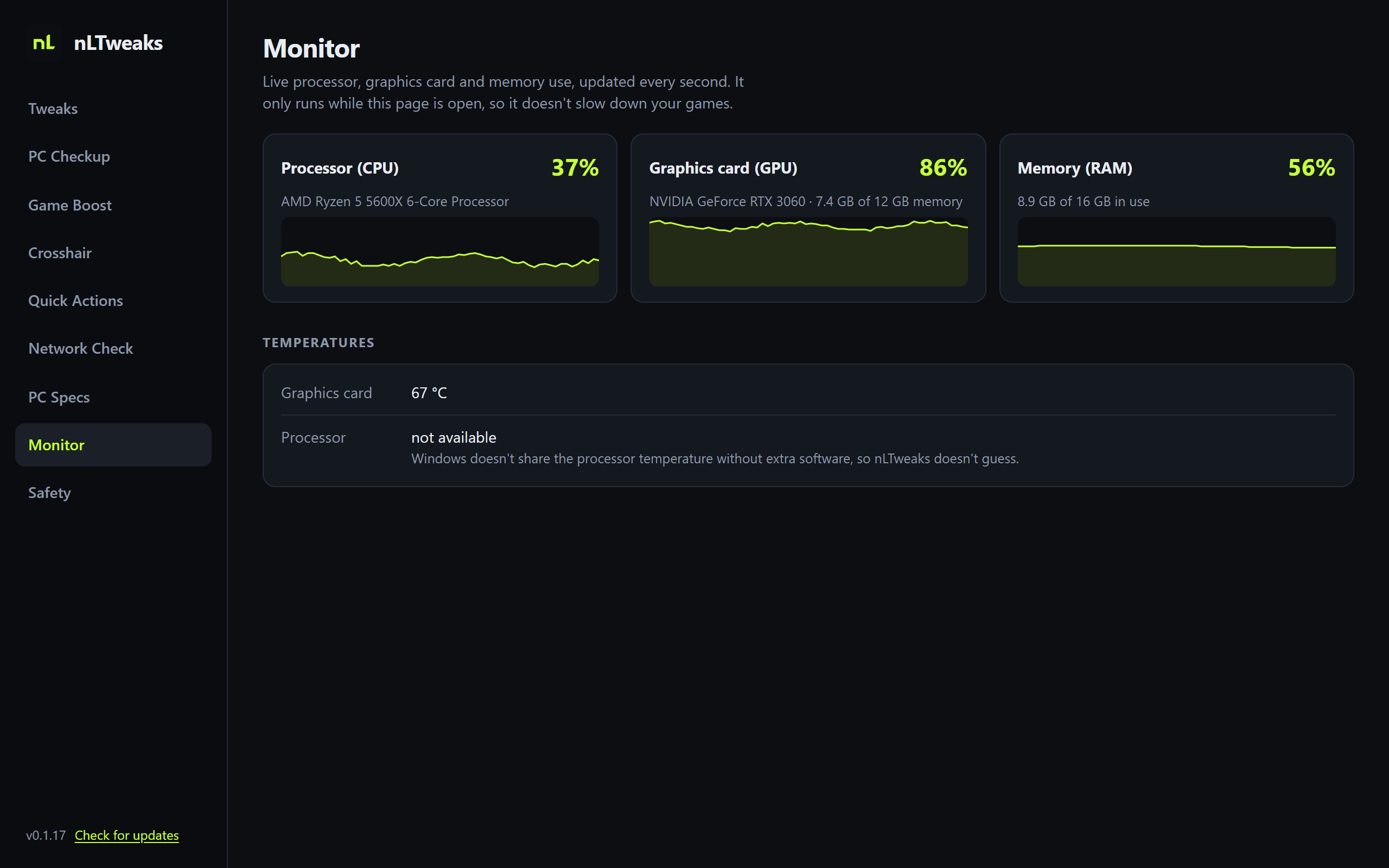 nLTweaks system monitor showing CPU, GPU and memory usage
