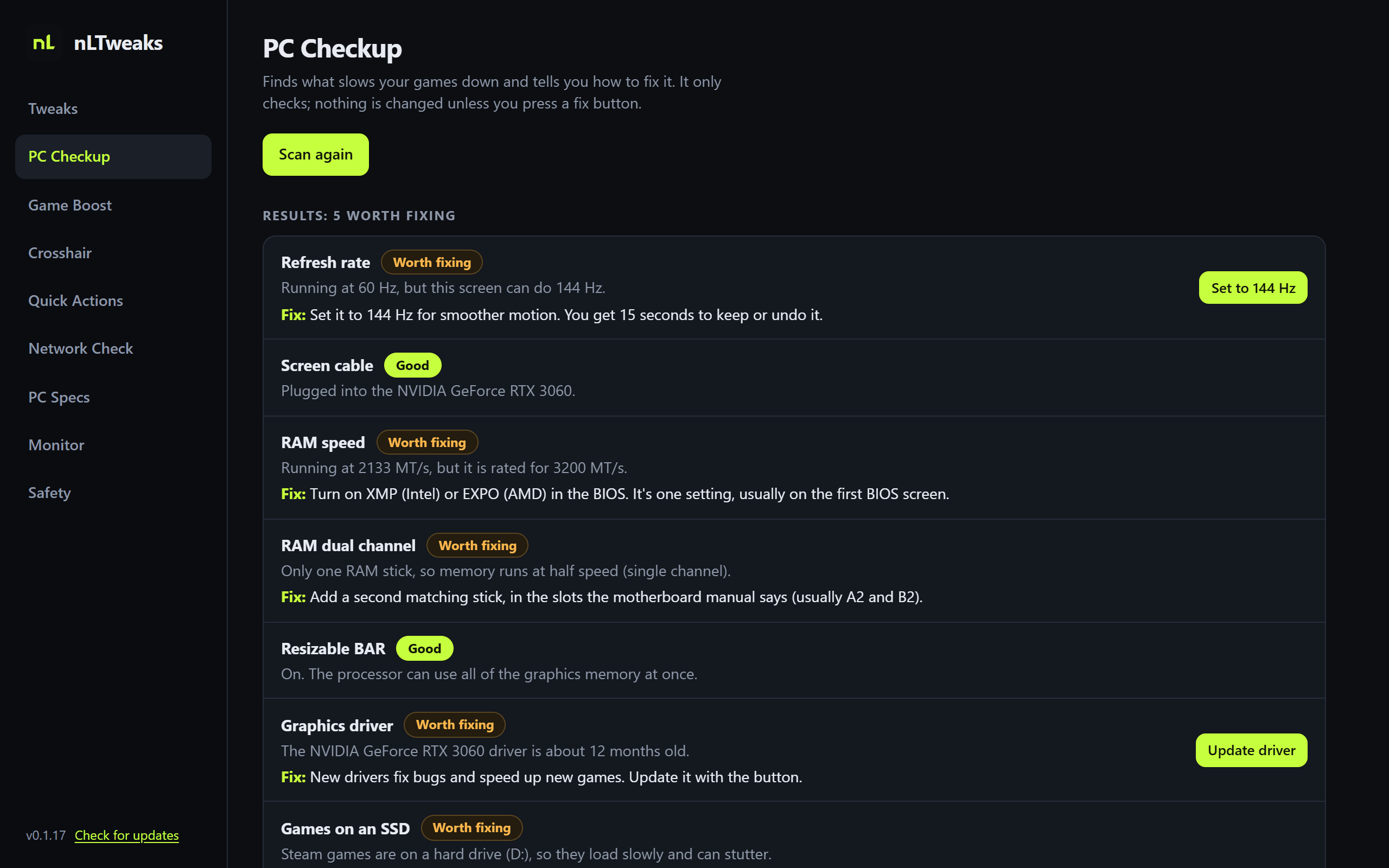 nLTweaks PC Checkup results showing what is slowing the PC down