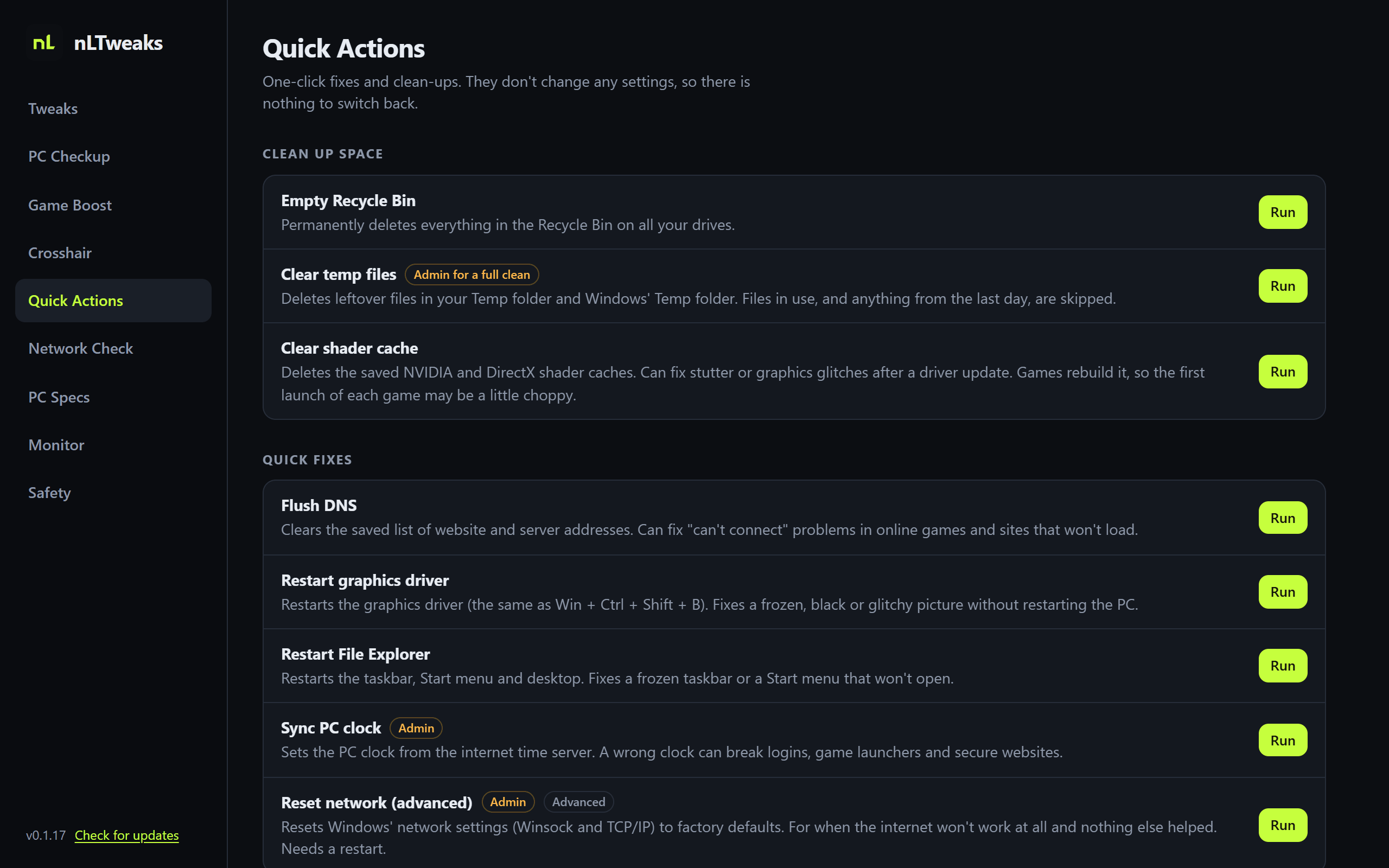 nLTweaks Quick Actions screen with one-click fixes