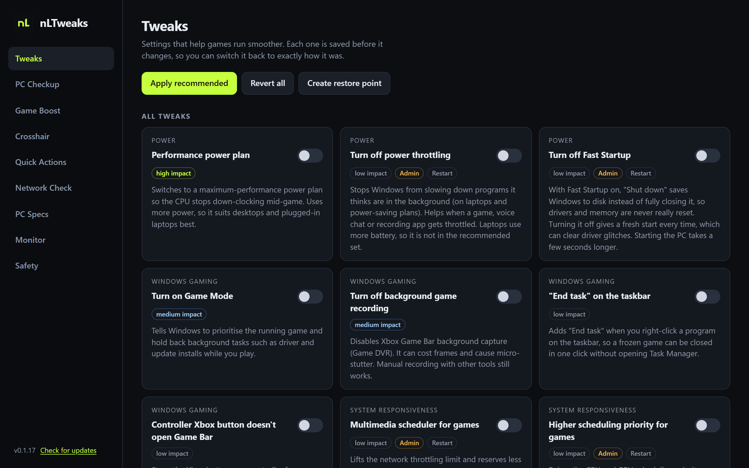 nLTweaks tweaks list with toggles for performance and privacy tweaks